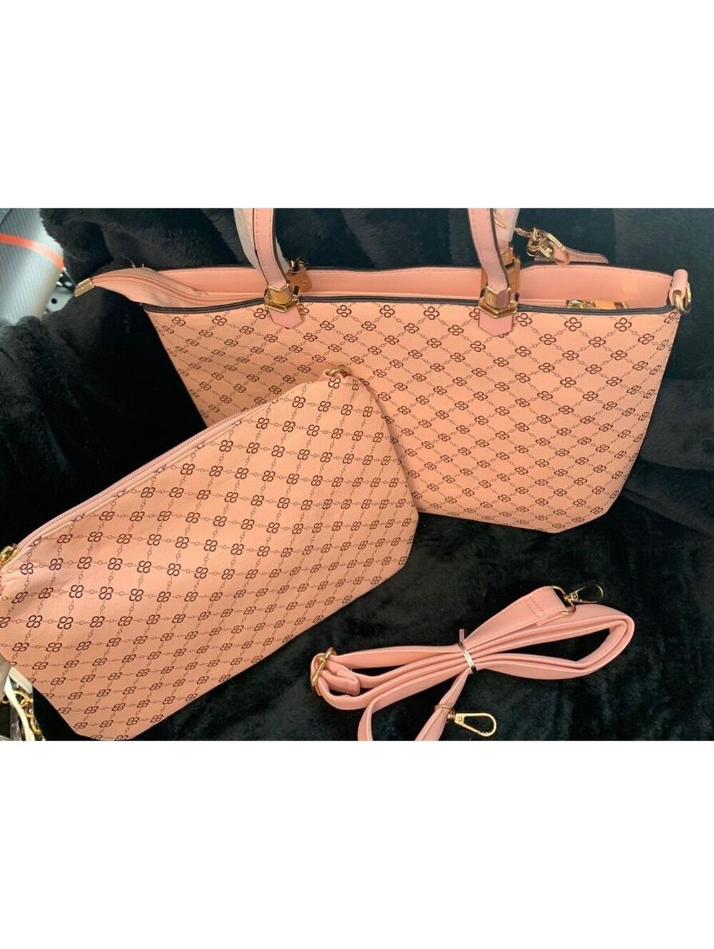 Pink Patterned Tote Bag with Matching Pouch and Wallet Set